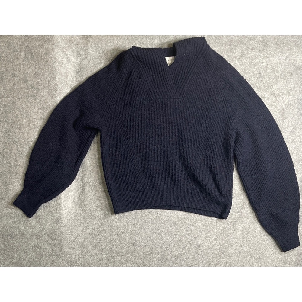 Free Assembly‎ Womens Navy Blue Ribbed V-Neck Balloon Sleeve Sweater Small 4-6